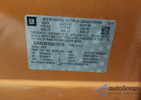 2018 Chevrolet Equinox Lt z USA, uszkodzony, nr VIN 2GNAXSEV0J6115116